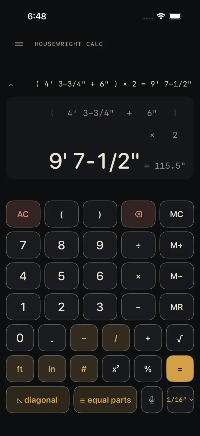 The Dimensional Calculator showing ( 4' 3-3/4" + 6" ) × 2 on the tape and above the answer. The answer reads 9' 7-1/2" with = 115.5" beside it.