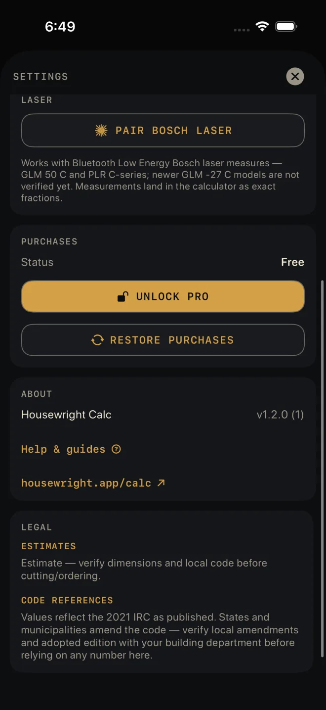 Settings without Pro, scrolled down. Under PURCHASES: Status reads Free, then a gold UNLOCK PRO button, then RESTORE PURCHASES. Under ABOUT: Housewright Calc and the Help & guides link.