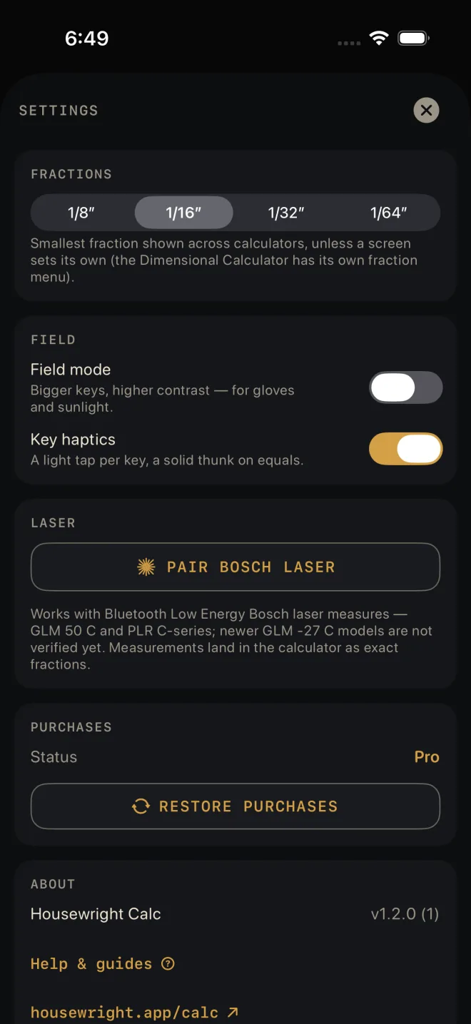 Settings screen. Under LASER, the PAIR BOSCH LASER button, and below it the line naming GLM 50 C and PLR C-series.