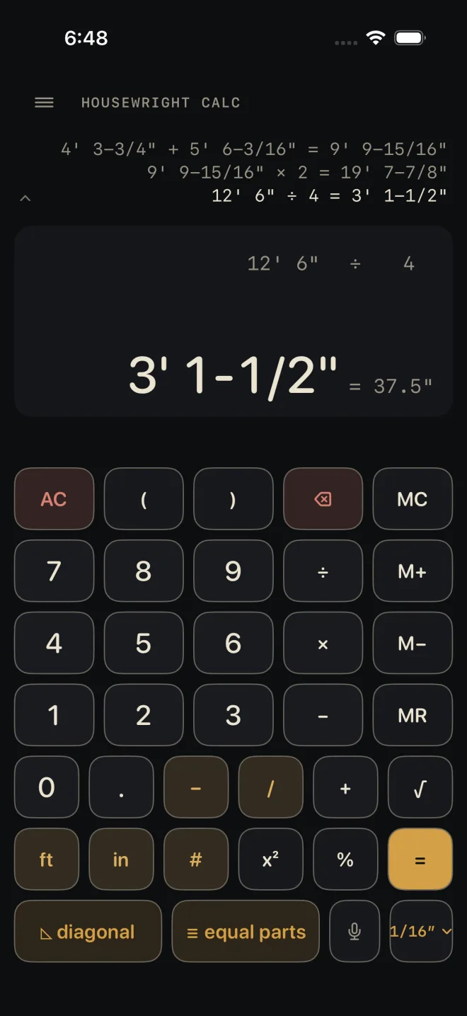 The Dimensional Calculator with three lines on the tape and the answer 3' 1-1/2", = 37.5". The bottom row of the keypad holds diagonal, equal parts, a microphone and a chip reading 1/16 inch.