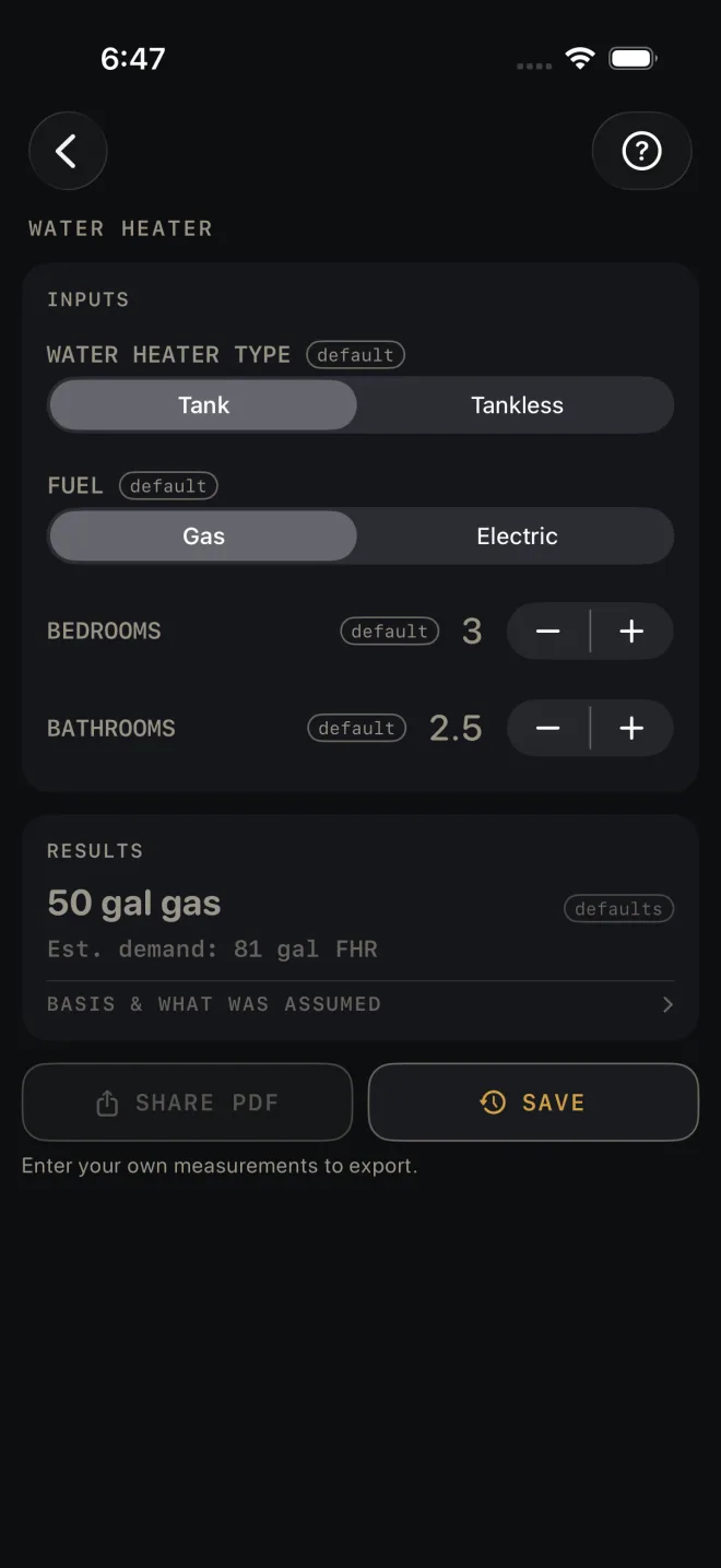 Water Heater as it opens: WATER HEATER TYPE Tank, FUEL Gas, BEDROOMS 3, BATHROOMS 2.5. Results read 50 gal gas, Est. demand: 81 gal FHR, with the BASIS & WHAT WAS ASSUMED row under it, then SHARE PDF and SAVE.
