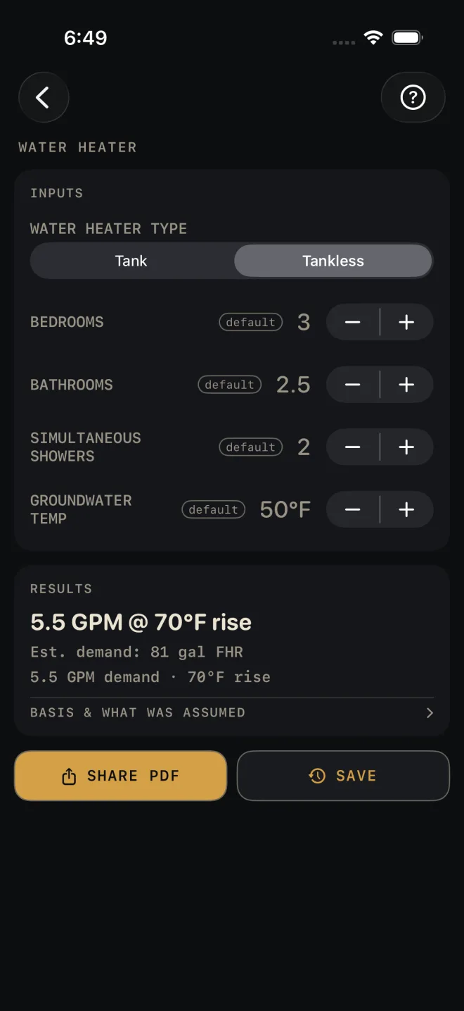 Water Heater with Tankless selected: BEDROOMS 3, BATHROOMS 2.5, SIMULTANEOUS SHOWERS 2, GROUNDWATER TEMP 50°F. Results read 5.5 GPM @ 70°F rise, Est. demand: 81 gal FHR, and 5.5 GPM demand · 70°F rise, then the BASIS & WHAT WAS ASSUMED row, SHARE PDF and SAVE.